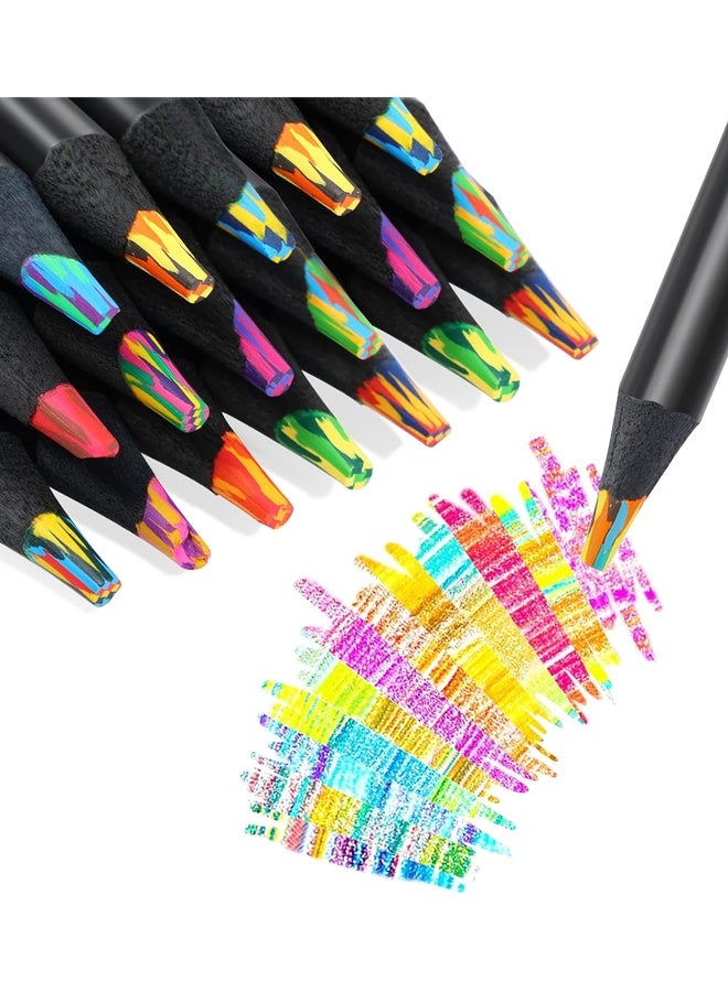 أقلام تلوين بألوان قوس قزح، ١٢ لونًا، مناسبة للأولاد والبنات، أقلام تلوين خشبية سوداء متعددة الألوان، كمية كبيرة للتلوين والرسم والتخطيط. - Image 1